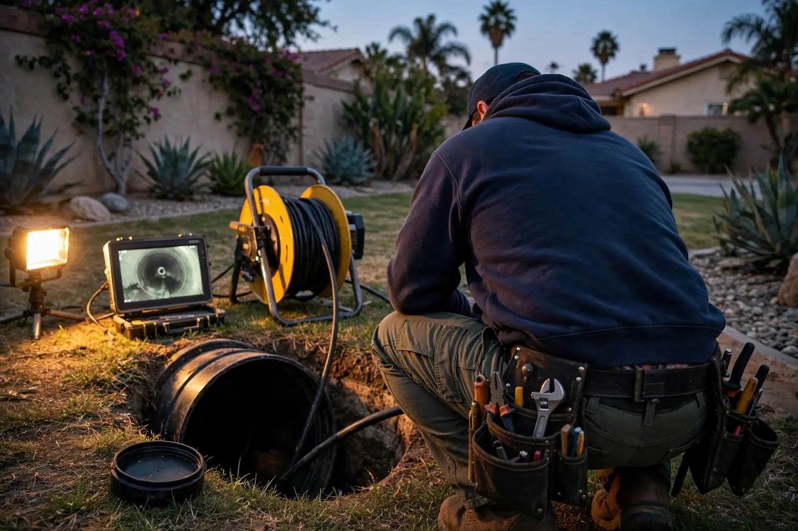 Rhino Rooter technician running a sewer camera inspection at dusk in a South Bay yard