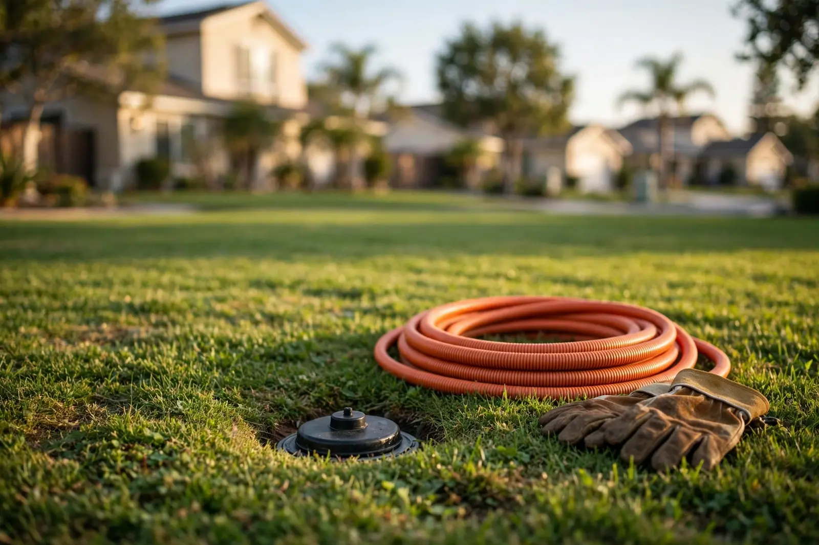A pristine South Bay lawn with a small sewer cleanout access point and coiled liner hose, no digging needed