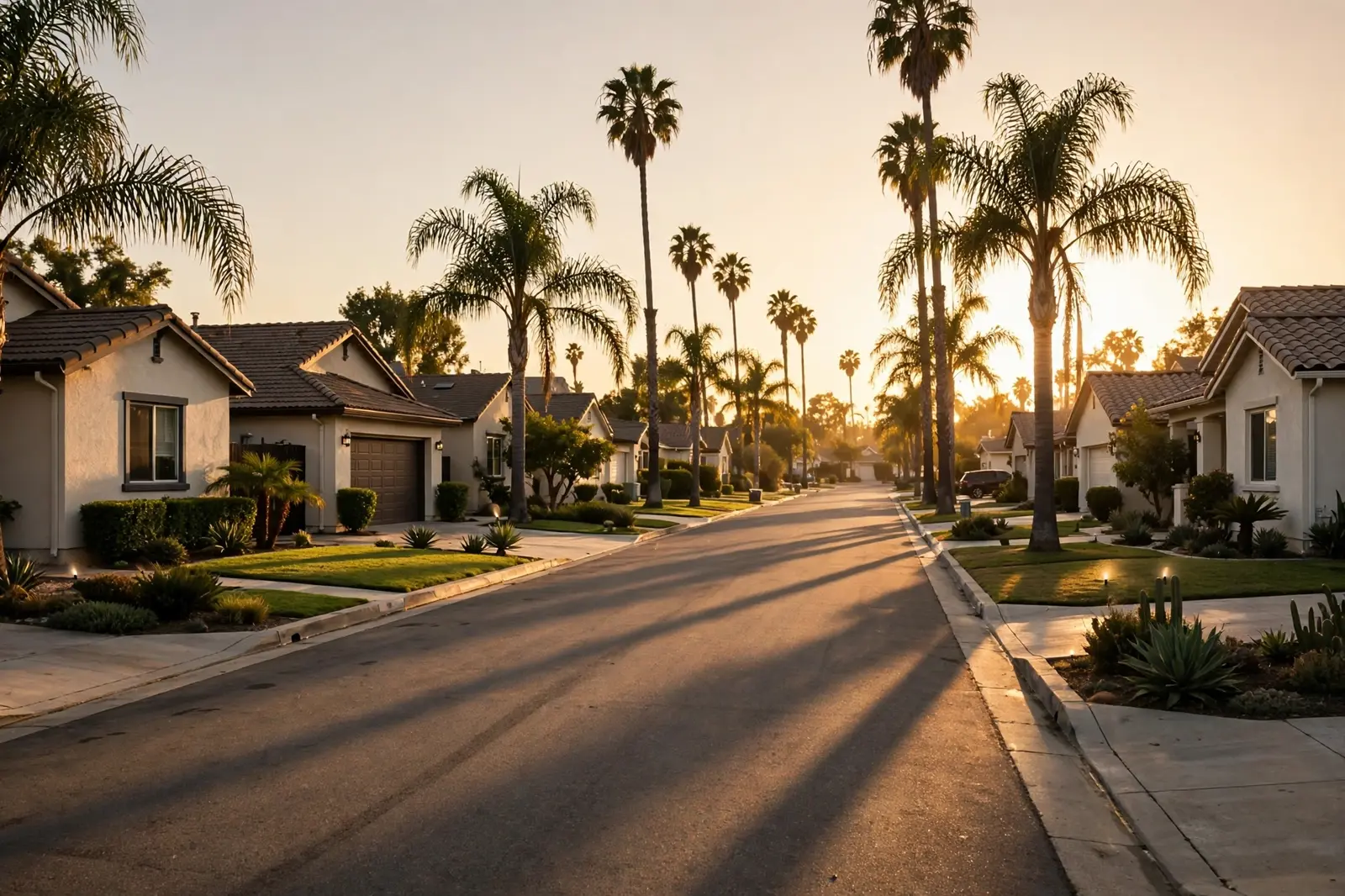 A quiet South Bay street in Torrance, California at golden hour